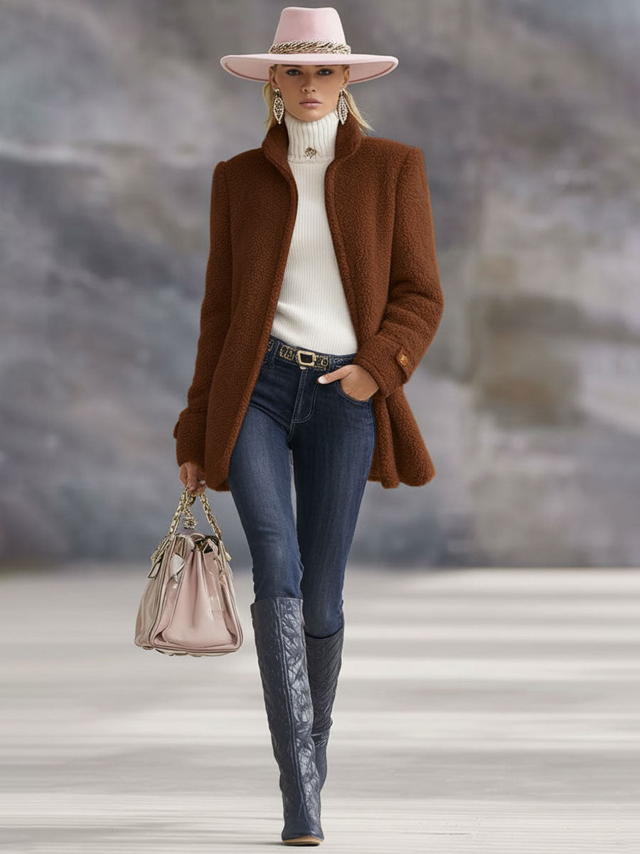 Fleece Jacket with Zip Front and Stand Collar