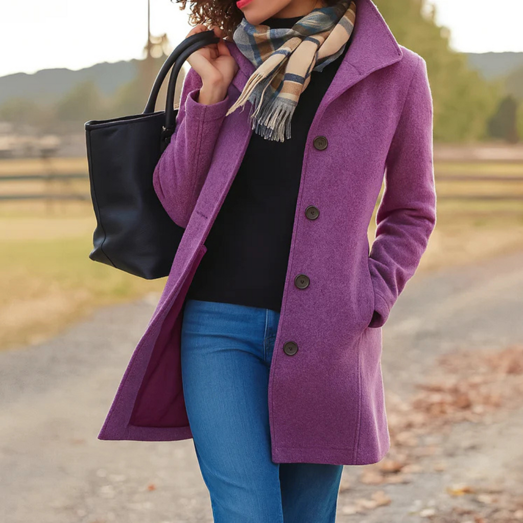 Wool Blend Winter Coat with Button Placket and Notch Lapel
