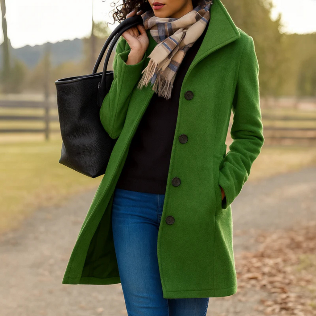 Wool Blend Winter Coat with Button Placket and Notch Lapel