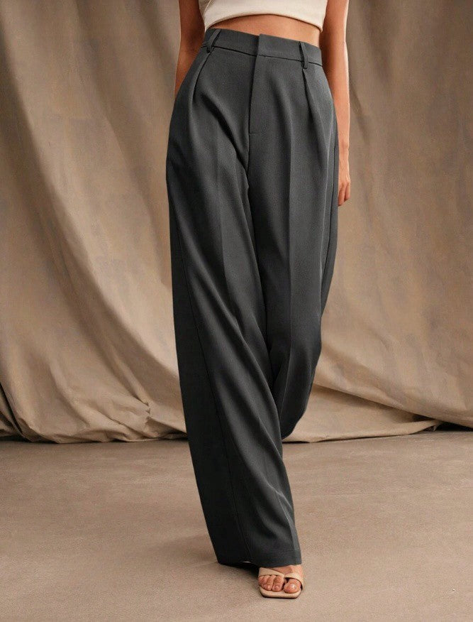 Marlenehose Damen in Dunkelgrau, High Waist mit weitem Bein