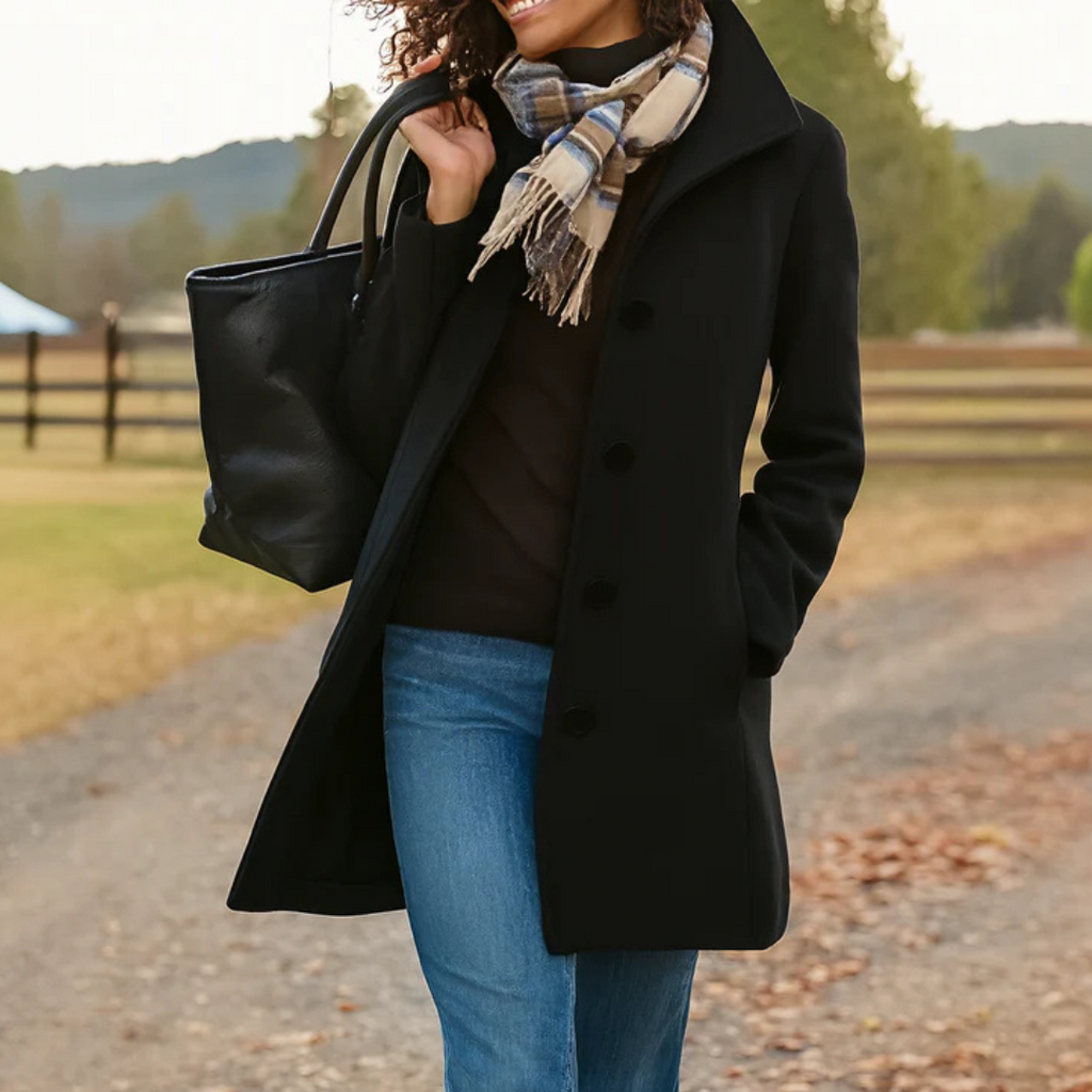Wool Blend Winter Coat with Button Placket and Notch Lapel