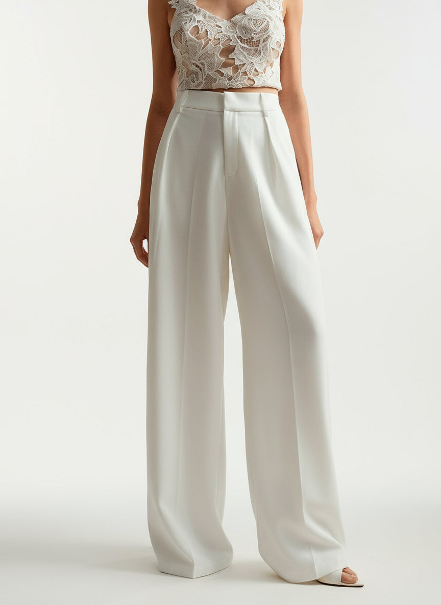 Marlenehose Damen in Weiß, High Waist mit weitem Bein