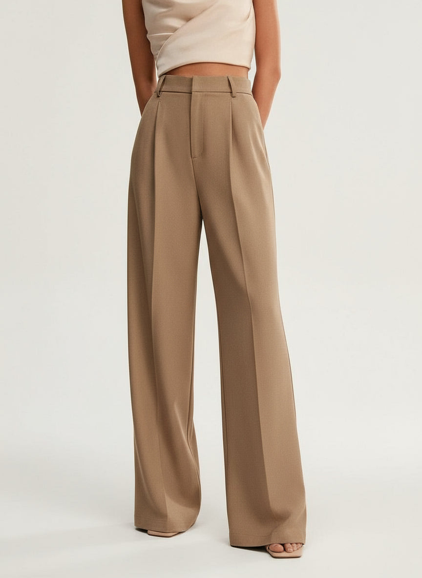 Marlenehose Damen in Camel, High Waist mit weitem Bein