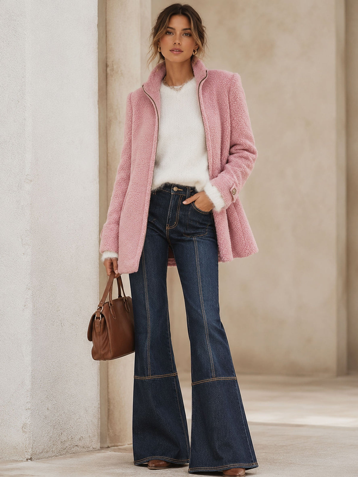 Fleece Jacket with Zip Front and Stand Collar