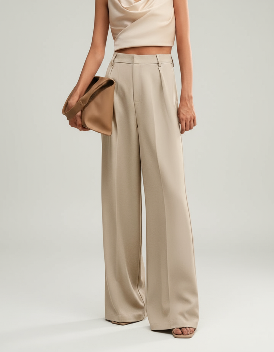 Marlenehose Damen in Beige, High Waist mit weitem Bein
