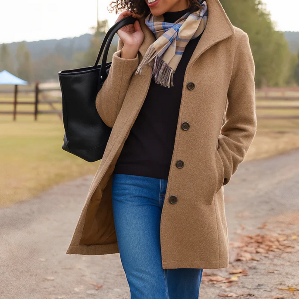 Wool Blend Winter Coat with Button Placket and Notch Lapel